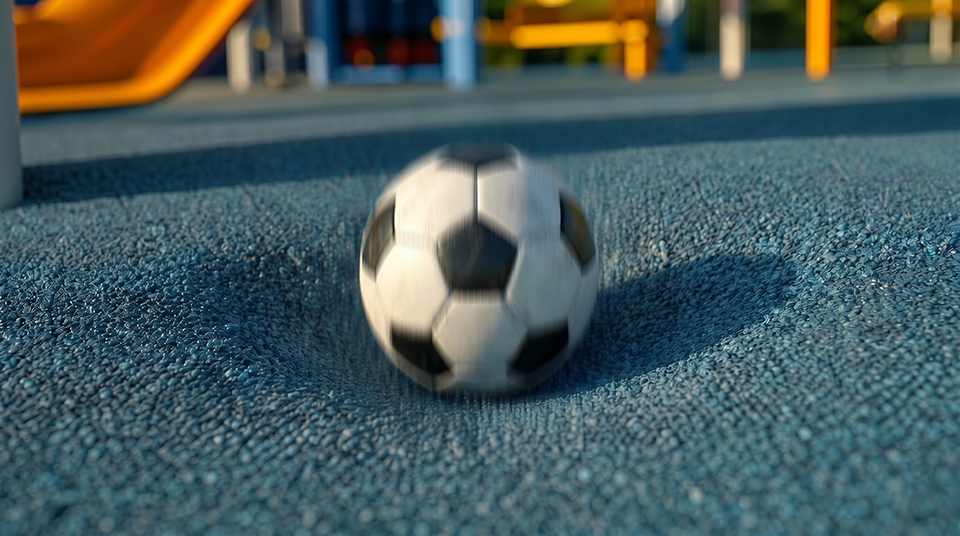 A soccer ball rolling on a textured blue surface at a playground, with playground equipment visible in the blurred background.